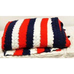 Red White Blue Striped Afghan Twin Size Throw 40" x 75" Handmade